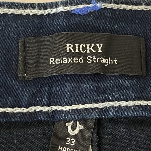 True Religion Men's Ricky Relaxed Straight Flap Blue Denim Jeans Size 33x34 NWT - Picture 7 of 12